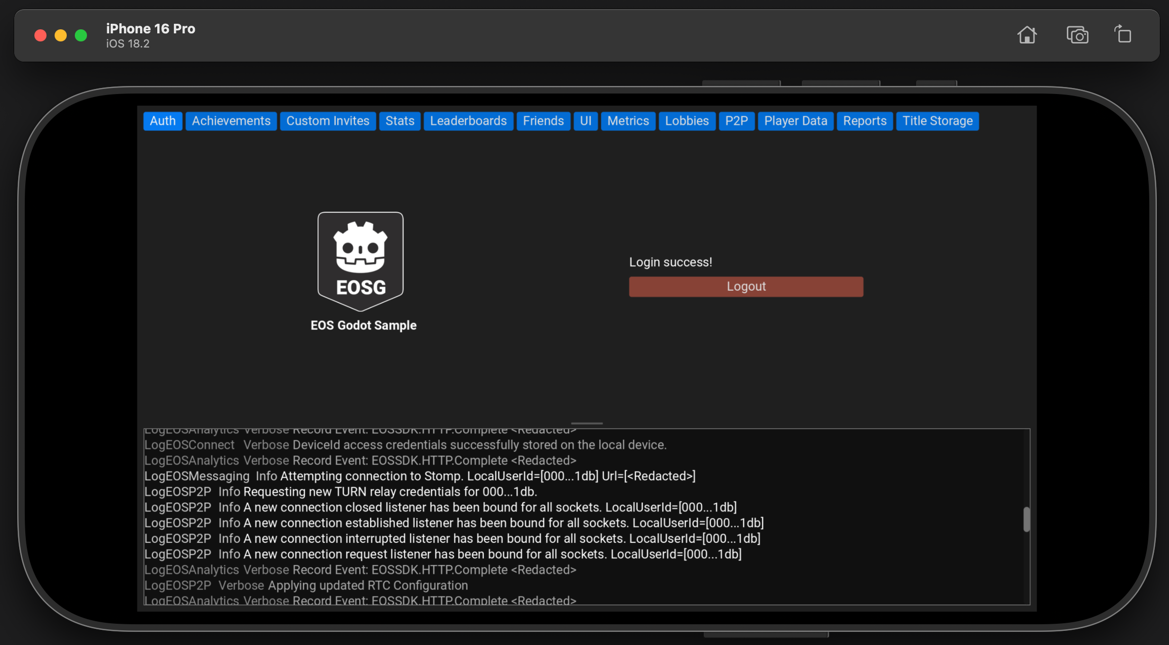 iOS Simulator Auth Success Screenshot